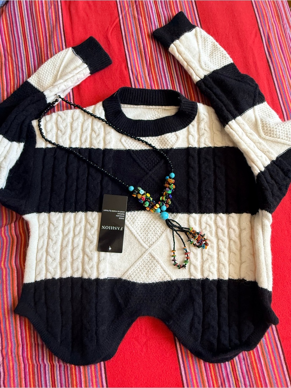 Black and White Striped Cable Knit Women's Sweater